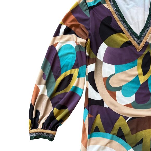 EUC Julian Chang Vibrant Retro Geometric Print Long Sleeve‎ Dress Size M - Picture 6 of 7